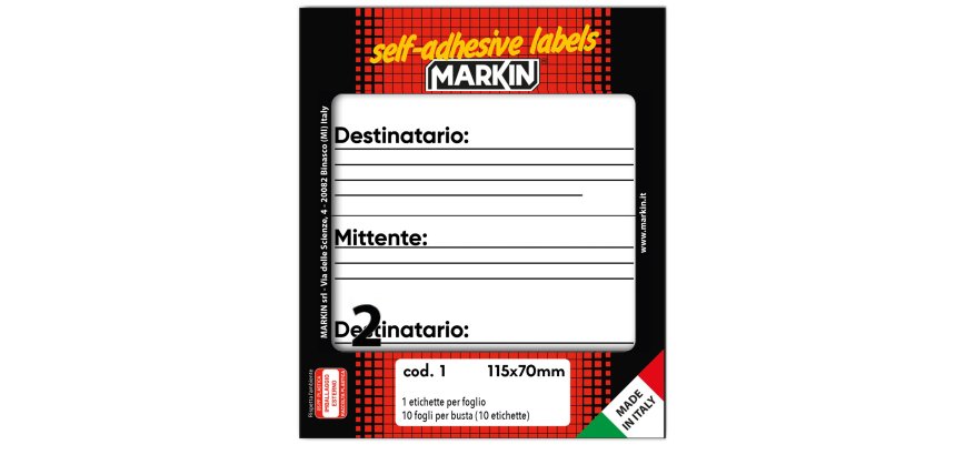 Etichette adesive - in carta - permanenti - 115 x 70 mm - 2 et/fg - 10 fogli - mittente/destinatario - bianco - Markin