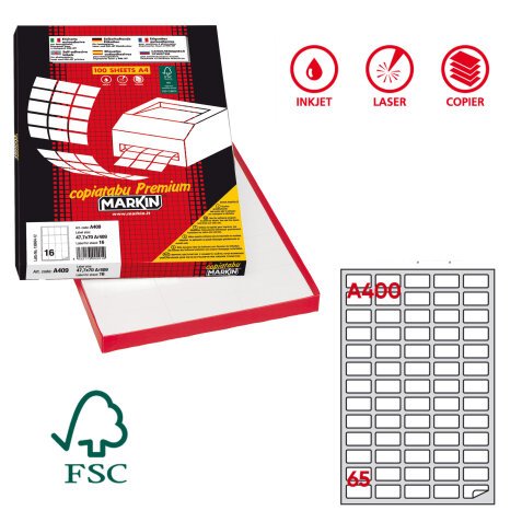 Etichette adesive A/400 - in carta - angoli arrotondati - permanenti - 38,1 x 21,2 mm - 65 et/fg - 100 fogli - bianco - Markin