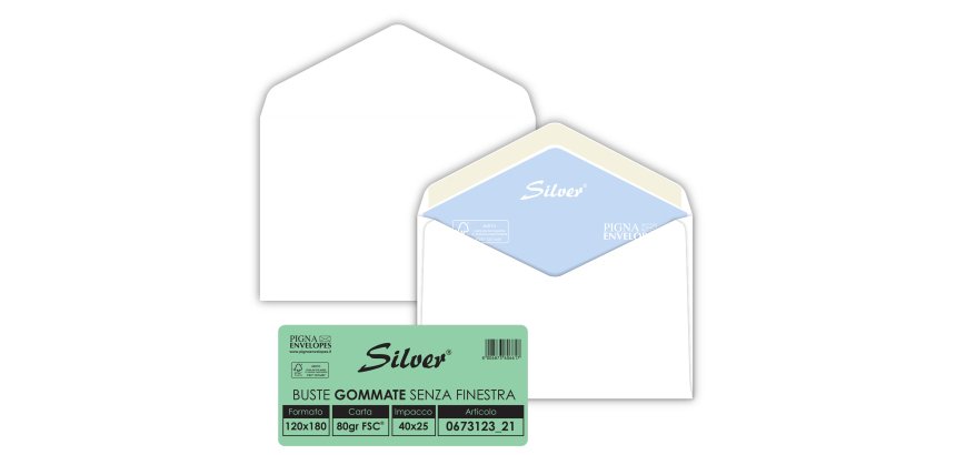 Busta Busta Silver Matic FSC - senza finestra - gommata - 12 x 18 cm - 80 gr -  bianco - Pigna Envelopes - conf. 25 pezzi