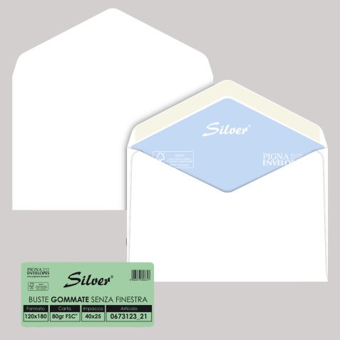 Busta Busta Silver Matic FSC  - senza finestra - gommata - 12 x 18 cm - 80 gr -  bianco - Pigna - conf. 25 pezzi