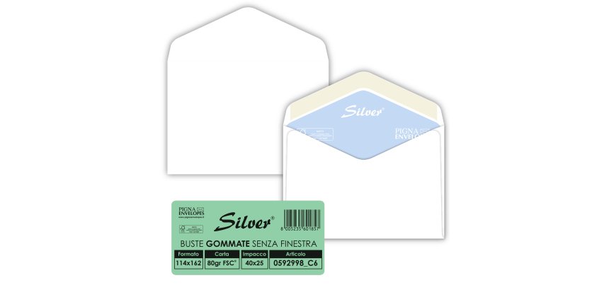 Busta Busta Silver Matic FSC - senza finestra - gommata - 11,4 x 16,2 cm - 80 gr -  bianco - Pigna Envelopes - conf. 25 pezzi