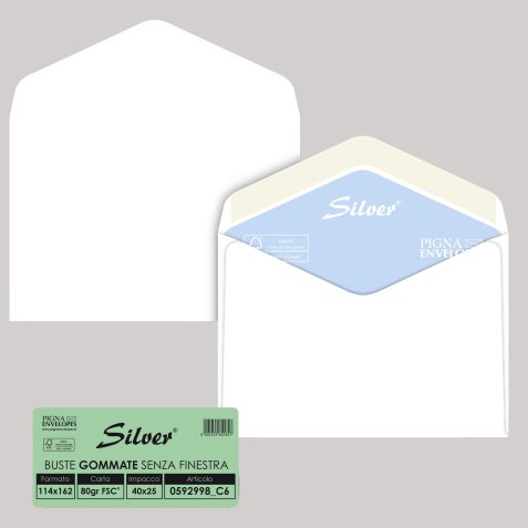 Busta Busta Silver Matic FSC® - senza finestra - gommata - 11,4 x 16,2 cm - 80 gr -  bianco - Pigna Envelopes - conf. 25 pezzi