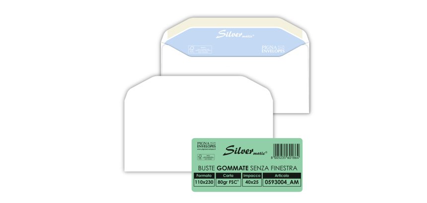 Busta Busta Silver Matic FSC - senza finestra - gommata - 11 x 23 cm - 80 gr -  bianco - Pigna Envelopes - conf. 25 pezzi