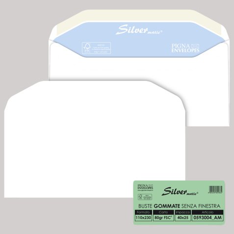 Busta Busta Silver Matic FSC - senza finestra - gommata - 11 x 23 cm - 80 gr -  bianco - Pigna Envelopes - conf. 25 pezzi