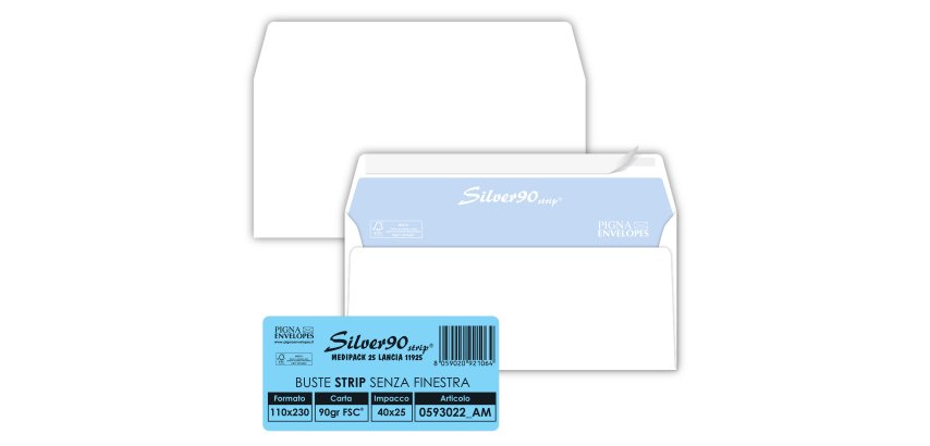 Busta SILVER90 STRIP FSC - bianca - internografata - senza finestra - 110 x 230 mm - 90 gr - Pigna Envelopes - conf. 25 pezzi