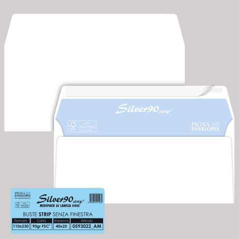 Busta SILVER90 STRIP FSC® - bianca - internografata - senza finestra - 110 x 230 mm - 90 gr - Pigna Envelopes - conf. 25 pezzi