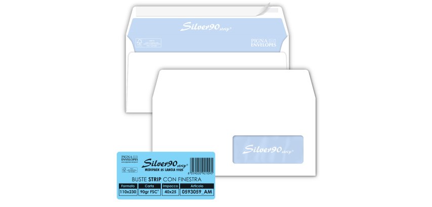 Busta SILVER90 STRIP FSC - bianca - internografata - con finestra - 110 x 230 mm - 90 gr - Pigna Envelopes - conf. 25 pezzi