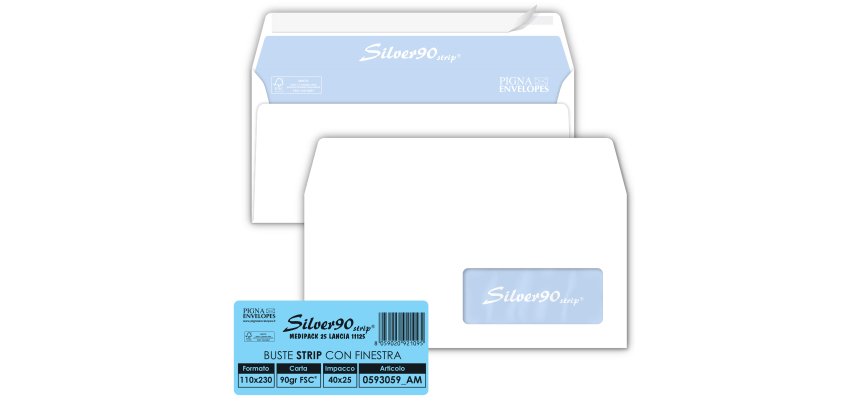 Busta SILVER90 STRIP FSC - bianca - internografata - con finestra - 110 x 230 mm - 90 gr - Pigna Envelopes - conf. 25 pezzi
