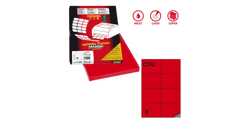 Etichette adesive C/512 - in carta - permanenti - 105 x 74,25 mm - 8 et/fg - 100 fogli  - rosso - Markin