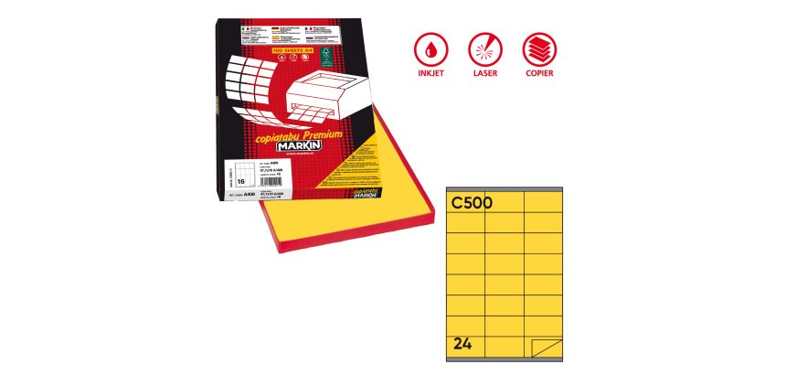 Etichette adesive C/500 - in carta - permanenti - 70 x 36 mm - 24 et/fg - 100 fogli - giallo - Markin