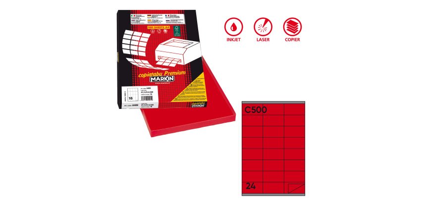 Etichette adesive C/500 - in carta - permanenti - 70 x 36 mm - 24 et/fg - 100 fogli - rosso - Markin
