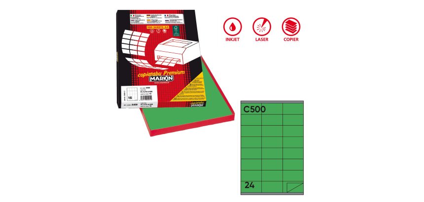 Etichette adesive C/500 - in carta - permanenti - 70 x 36 mm - 24 et/fg - 100 fogli - verde - Markin
