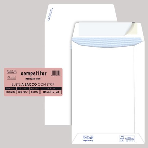 Busta a sacco Competitor FSC - strip adesivo - 16 x 23 cm - 80 gr - bianco - Pigna Envelopes - conf. 100 pezzi