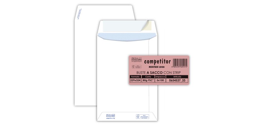 Busta a sacco Competitor FSC - strip adesivo - 23 x 33 cm - 80 gr - bianco - Pigna Envelopes - conf. 100 pezzi