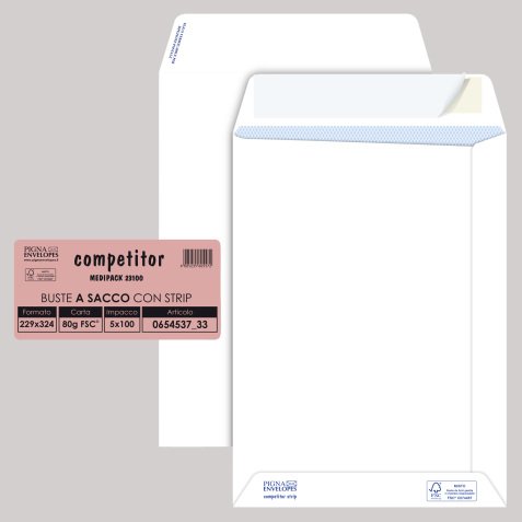 Busta a sacco Competitor FSC - strip adesivo - 23 x 33 cm - 80 gr - bianco - Pigna Envelopes - conf. 100 pezzi