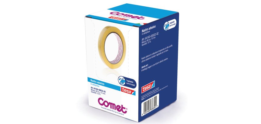Nastro adesivo - confezionato singolarmente - 15 mm x 66 m - cellophane - trasparente - Comet
