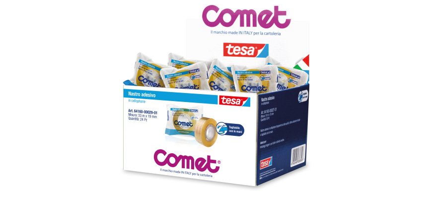 Nastro adesivo - confezionato singolarmente - 19 mm x 33 m - cellophane - trasparente - Comet