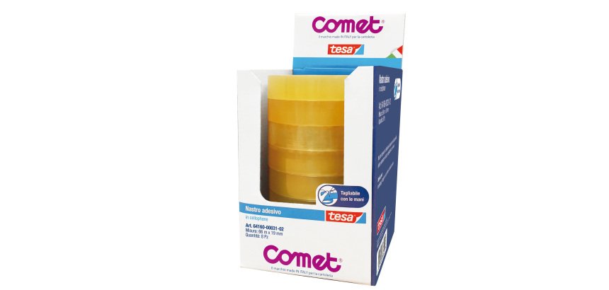 Nastro adesivo - confezionato singolarmente - 19 mm x 66 m - cellophane - trasparente - Comet