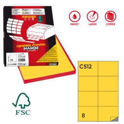 Etichette adesive C/512 - in carta - permanenti - 105 x 74,25 mm - 8 et/fg - 100 fogli - giallo - Markin