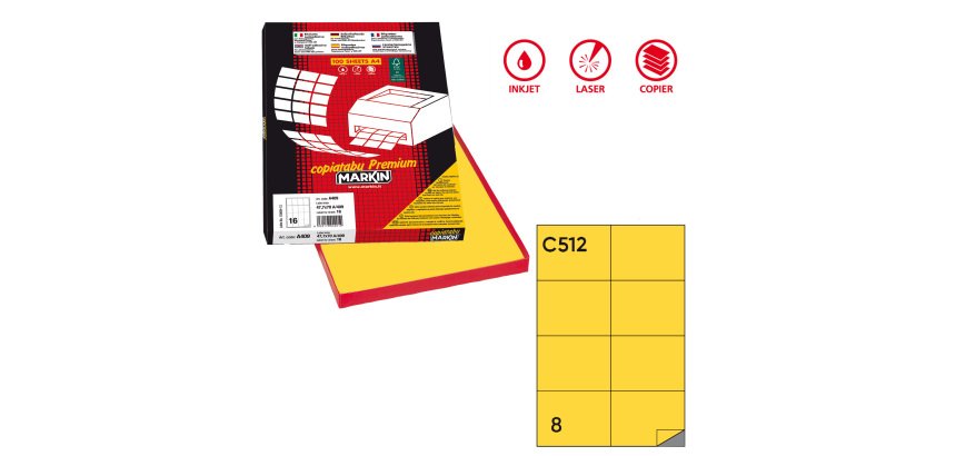 Etichette adesive C/512 - in carta - permanenti - 105 x 74,25 mm - 8 et/fg - 100 fogli - giallo - Markin