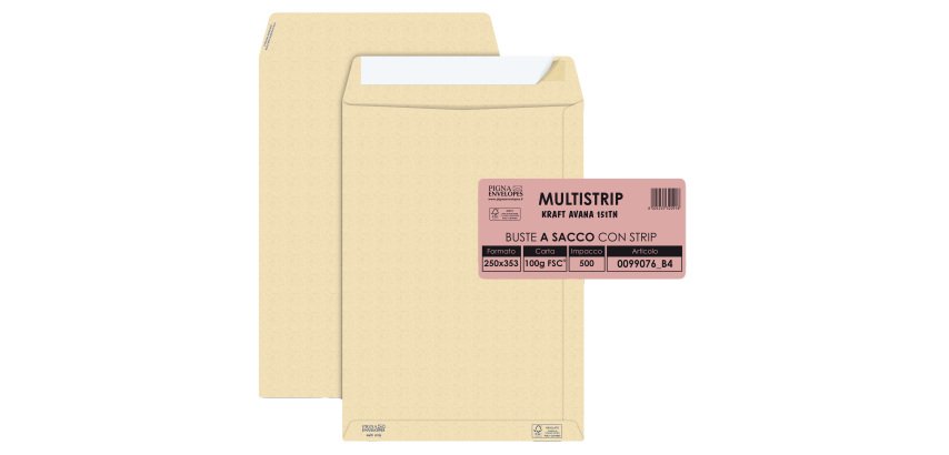 Busta a sacco Multi Strip - strip adesivo - 25 x 35,3 cm - 100 gr - carta riciclata FSC - avana - Pigna Envelopes - conf. 500 pezzi