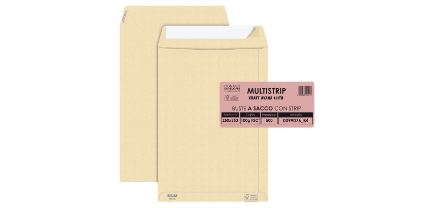 Busta a sacco Multi Strip - strip adesivo - 25 x 35,3 cm - 100 gr - carta riciclata FSC - avana - Pigna Envelopes - conf. 500 pezzi