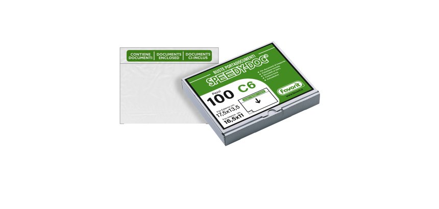 Busta adesiva Speedy Doc - con stampa "contiene documenti" - C6 (16,5 x 11 cm) - LDPE - trasparente - Favorit - conf. 100 pezzi