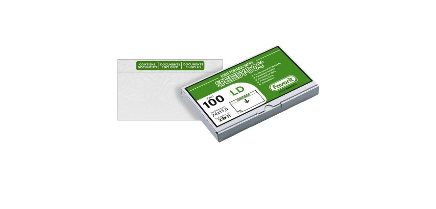 Busta adesiva Speedy Doc - con stampa "contiene documenti" - LD (23 x 11 cm) - LDPE - trasparente - Favorit - conf. 100 pezzi