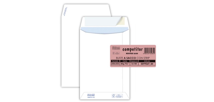 Busta a sacco Competitor FSC - strip adesivo - 25 x 35,3 cm - 80 gr - bianco - Pigna Envelopes - conf. 100 pezzi