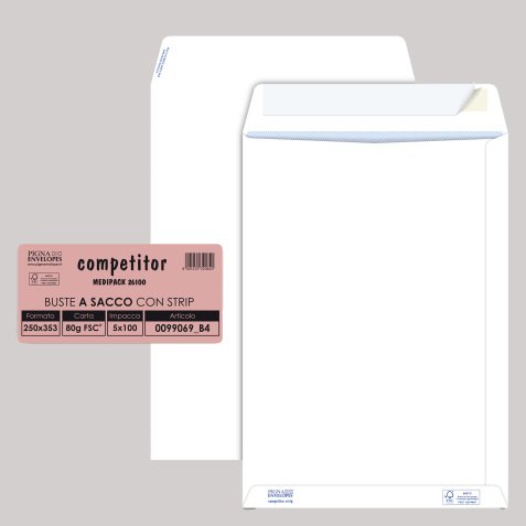 Busta a sacco Competitor FSC - strip adesivo - 25 x 35,3 cm - 80 gr - bianco - Pigna Envelopes - conf. 100 pezzi