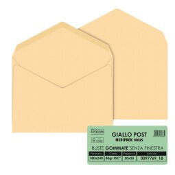 Busta Giallo Postale - gommata - 18 x 24 cm - 80 gr - carta riciclata FSC  - giallo - Pigna - conf. 25 pezzi