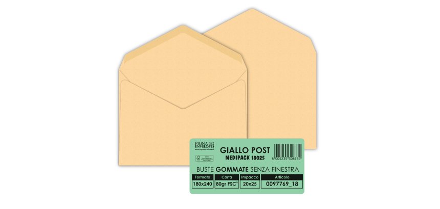 Busta Giallo Postale - gommata - 18 x 24 cm - 80 gr - carta riciclata FSC - giallo - Pigna Envelopes - conf. 25 pezzi