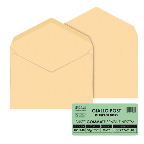 Busta Giallo Postale - gommata - 18 x 24 cm - 80 gr - carta riciclata FSC - giallo - Pigna Envelopes - conf. 25 pezzi