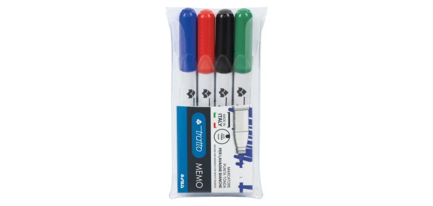 Pennarello Tratto Memo - a secco - per lavagne cancellabili - punta conica - tratto 2,5mm - astuccio 4 colori - Tratto