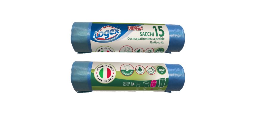 Sacchi per immondizia con maniglie - 53 x 65 cm - 40 L - 25 micron - blu - Logex Professional - rotolo da 15 sacchetti