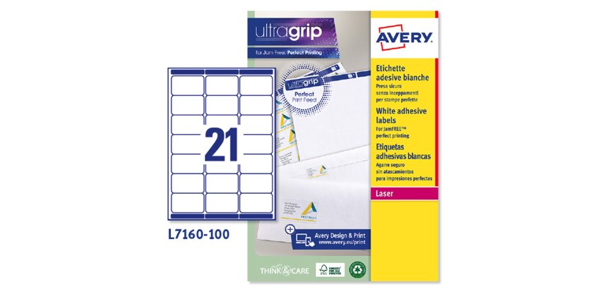 AVERY Etichette in carta bianca 63,5x38,1mm, 21 etichette per foglio, adesivo permanente, laser, 100 fogli