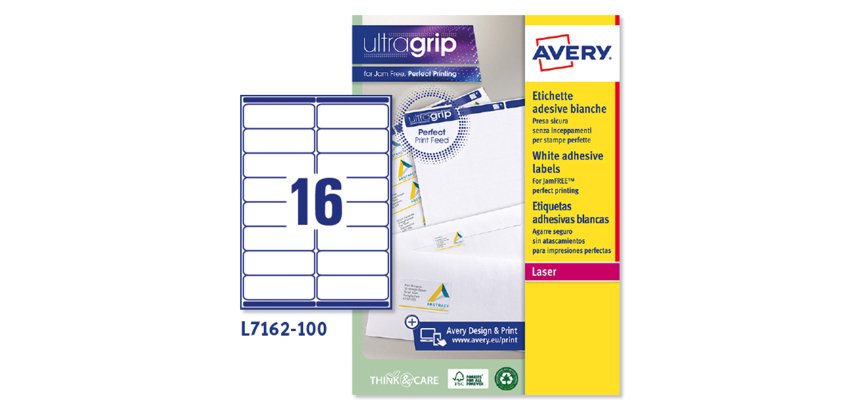 AVERY Etichette in carta bianca 99,1x33,9mm, 16 etichette per foglio, adesivo permanente, laser, 100 fogli