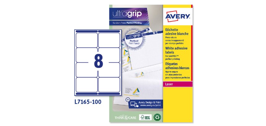 AVERY Etichette in carta bianca 99,1x67,7mm, 8 etichette per foglio, adesivo permanente, laser, 100 fogli