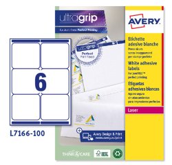 Etichette adesive L7166 - in carta - angoli arrotondati - laser - permanenti - 99,1 x 93,1 mm - 6 et/fg - 100 fogli - bianco - Avery