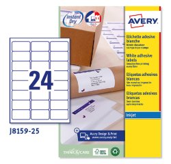 Etichette adesive J8159 - in carta - angoli arrotondati - inkjet - permanenti - 63,5 x 33,9 mm - 24 et/fg - 25 fogli - bianco - Avery