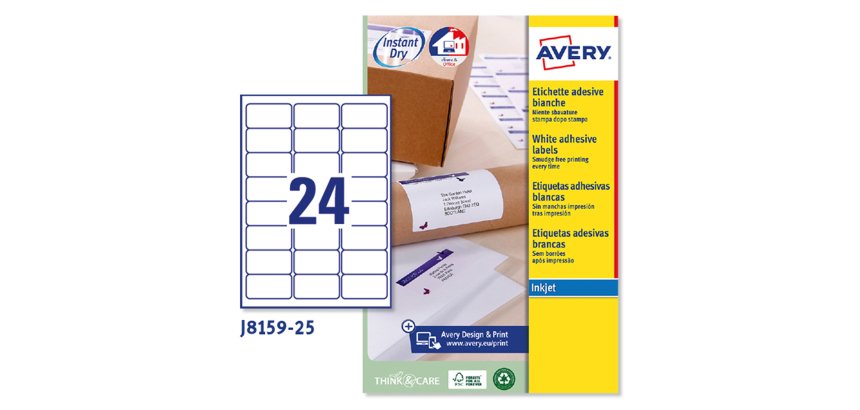 Etichette adesive J8159 - in carta - angoli arrotondati - inkjet - permanenti - 63,5 x 33,9 mm - 24 et/fg - 25 fogli - bianco - Avery