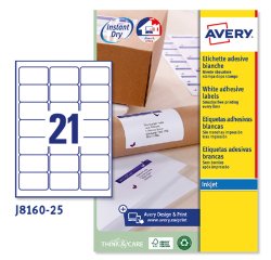 Etichette adesive J8160 - in carta - angoli arrotondati - inkjet - permanenti - 63,5 x 38,1 mm - 21 et/fg - 25 fogli - bianco - Avery