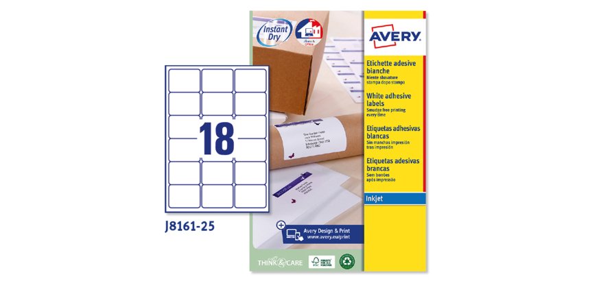 Etichette adesive J8161 - in carta - angoli arrotondati - inkjet - permanenti - 63,5 x 46,6 mm - 18 et/fg - 25 fogli - bianco - Avery