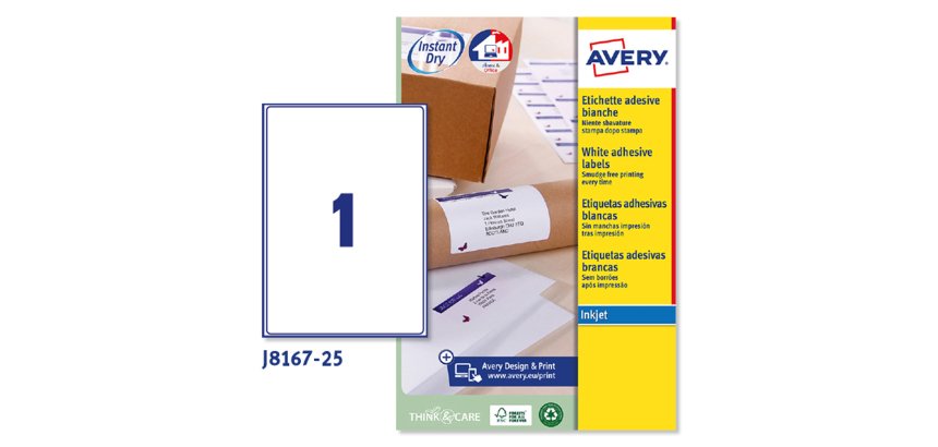 AVERY Etichette in carta bianca 199,6x289,1mm, 1 etichetta per foglio, adesivo permanente, inkjet, 25 fogli