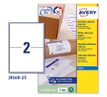 Etichette adesive J8168 - in carta - angoli arrotondati - inkjet - permanenti - 199,6 x 143,5 mm - 2 et/fg - 25 fogli - bianco - Avery
