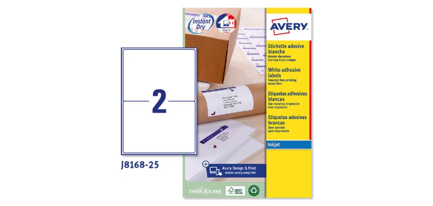 Etichette adesive J8168 - in carta - angoli arrotondati - inkjet - permanenti - 199,6 x 143,5 mm - 2 et/fg - 25 fogli - bianco - Avery
