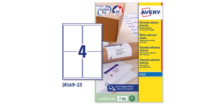 AVERY Etichette in carta bianca 99,1x139mm, 4 etichette per foglio, adesivo permanente, inkjet, 25 fogli