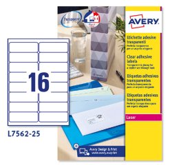 Etichette adesive L7562 - in poliestere - laser - permanenti - 99,1 x 34 mm - 16 et/fg - 25 fogli - trasparente - Avery