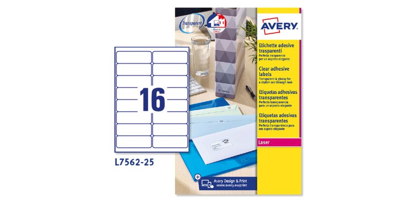 Etichette adesive L7562 - in poliestere - laser - permanenti - 99,1 x 34 mm - 16 et/fg - 25 fogli - trasparente - Avery