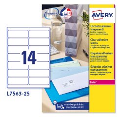 Etichette adesive L7563 - in poliestere - laser - permanenti - 99,1  x  38,1 mm - 14 et/fg - 25 fogli - trasparente - Avery